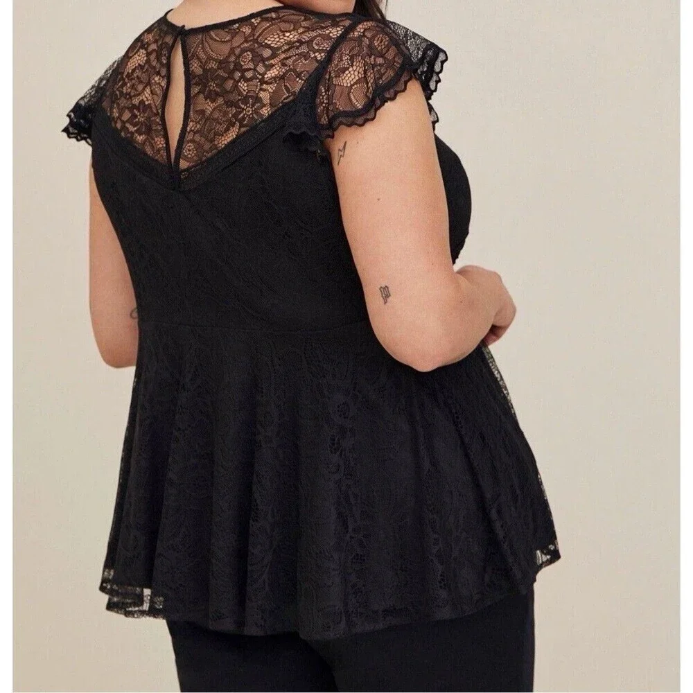 Torrid Sz 4 Black Peplum Lace Ruffle Sleeve Babydoll Top Romantic Goth Feminine